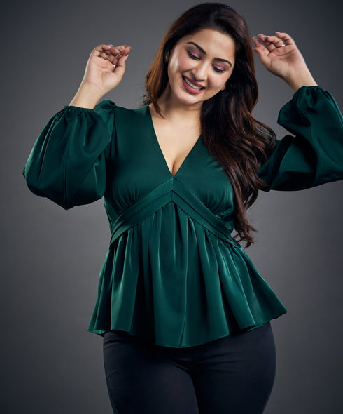 Long Sleeve Vneck Green Satin Top